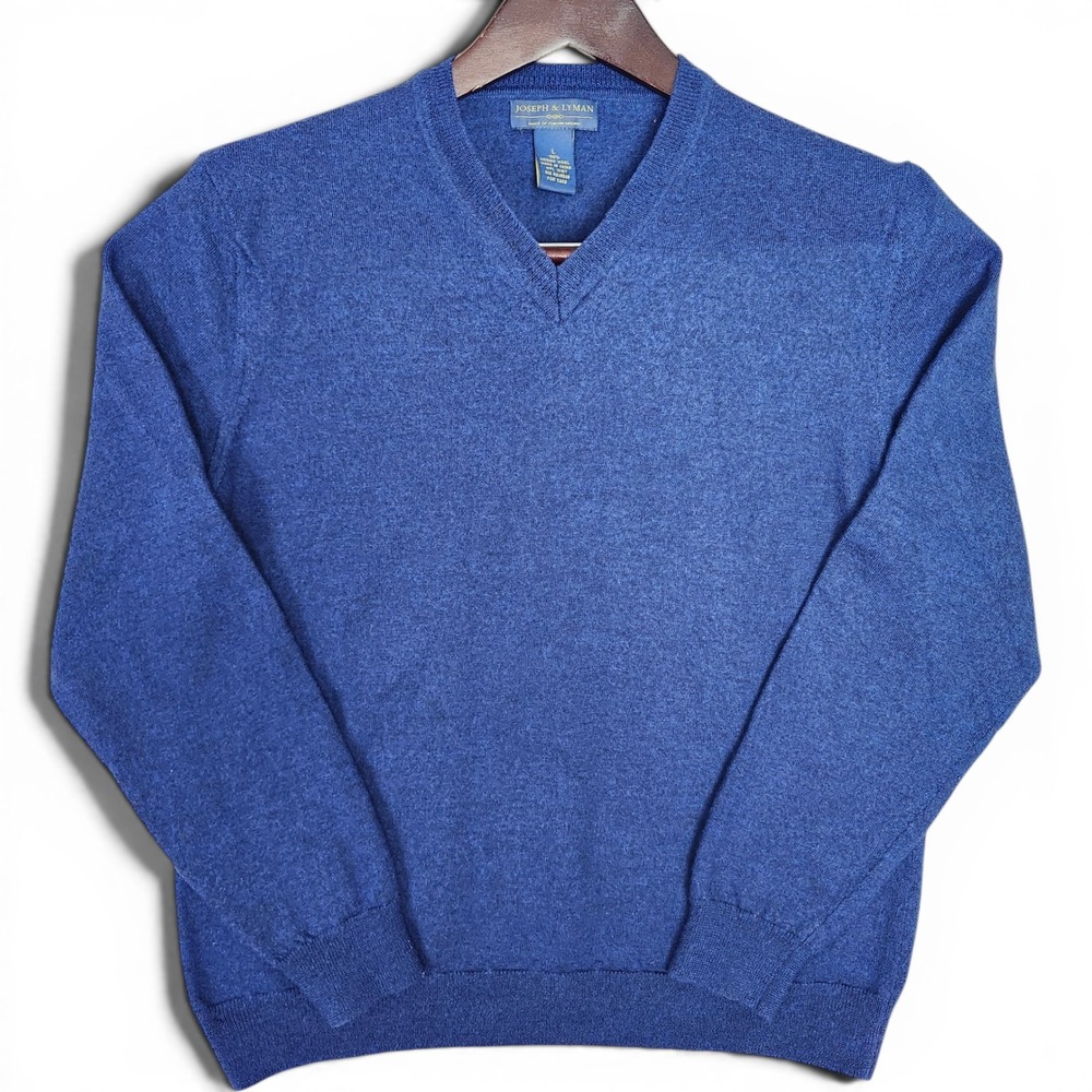 100% Merino Wool Joseph & Lyman Sweater Mens Large Blue V Neck Pullover